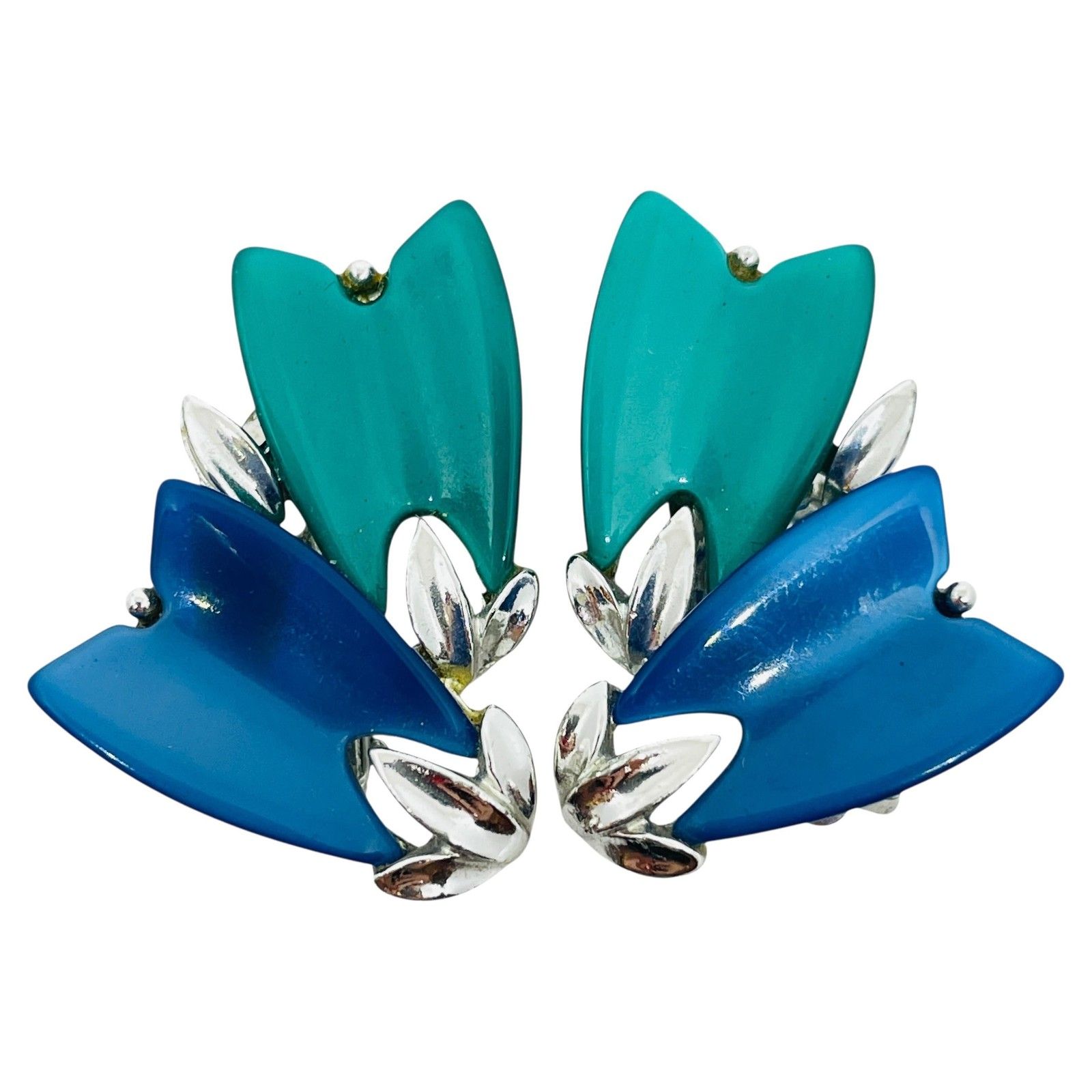 Lisner Signed Vintage Silver Tone Blue Green Thermoset Designer Clip On Earrings